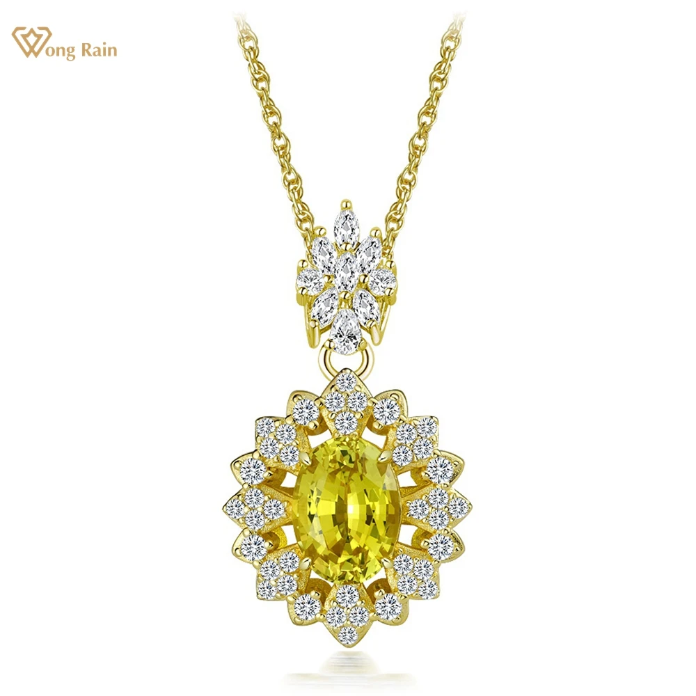 Wong Rain 18K Gold Plated 925 Sterling Silver 4CT Lab Sapphire High Carbon Diamond Gemstone Pendant Necklace for Women Jewelry