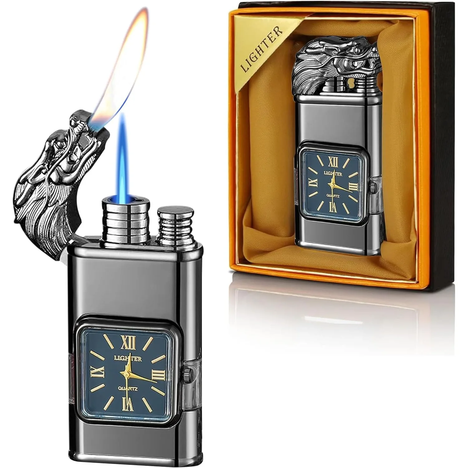 Windproof Lighter Vintage Watch Bezel Jet Flame Torch, Unique Dragon Clock LighterDual Flame Lighters for Men(Gas Not Included)