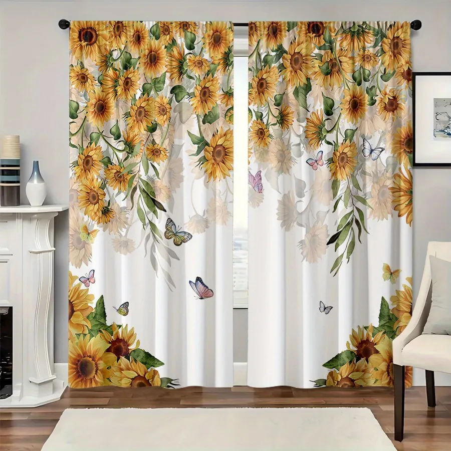 2PCS Digital Print Curtain, Pink Butterfly Sunflower Floral Summer, Pastoral Garden Bright for Living Room Bedroom Decor