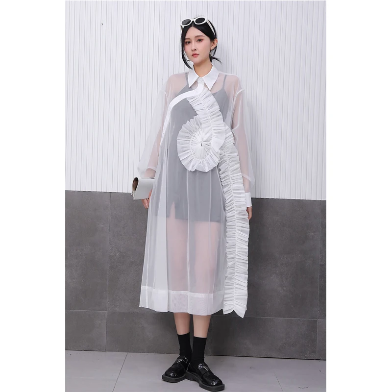 2025 Spring New Mesh Perspective Dress Three Dimesioal Flower Loose Long Shirt Outfit For Women Outerwear & Coats Basic Jackets