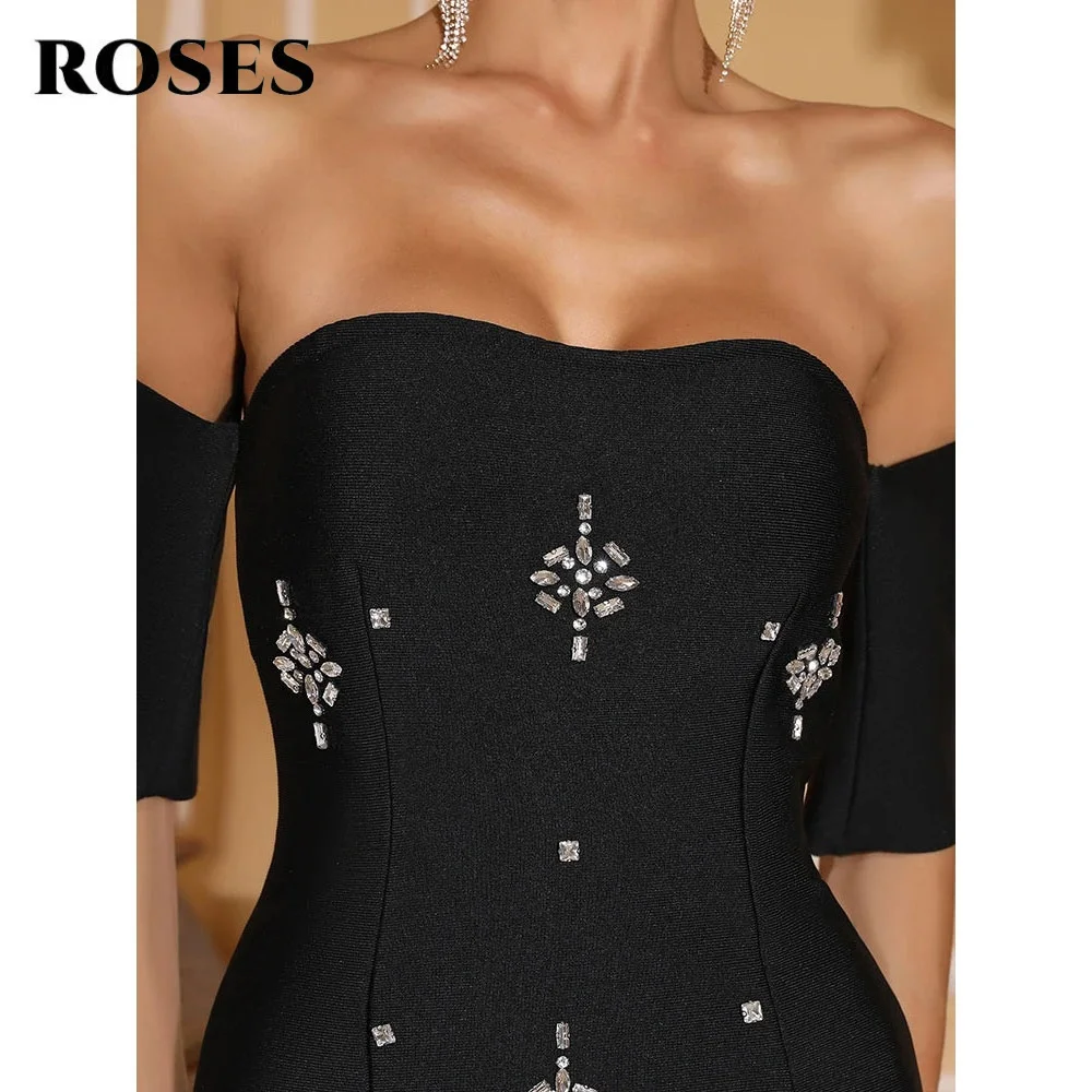 Rosas preto vestidos de festa fora do ombro bordado vestidos de noite com trompete de cristal em camadas vestidos de gala para mulher personalizado