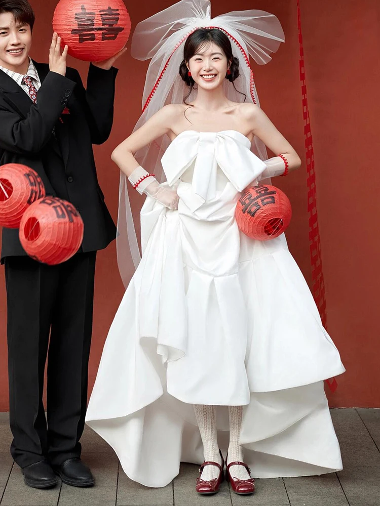 

Satin Wedding Dr Bridal Gown Off-oulder A-Line Skirt Long Dr Outdoor Photoaphy Engagement Par White Dr