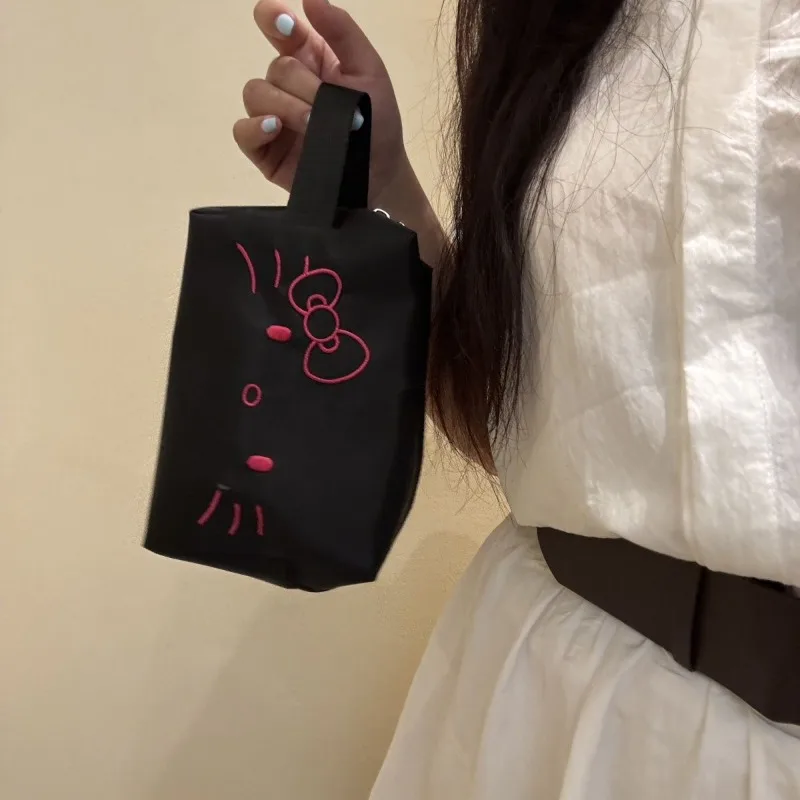 Kawaii Cat Embroidered Makeup Pouch Exquisite Pink and Black Double-Side Square Bag for Women Large Capacity Cosmetic Organizer