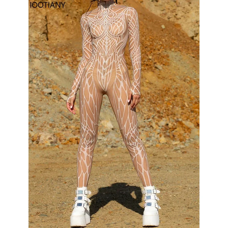 Women Psychedelic Mesh Cosplay Jumpsuit Halloween Catsuit Mesh Festival Party Zentai Suit Rave Unique Suits Burning Man Bodysuit