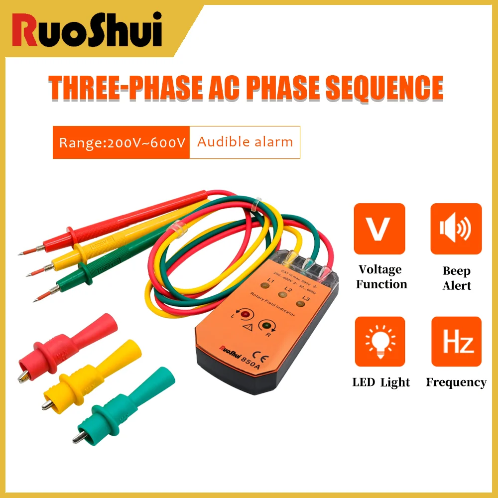 

RuoShui 850A Three-Phase AC Phase Sequence Meter 200V-600V 20-400Hz 4000V Audible Alarm Alternating Current Rotation Tester