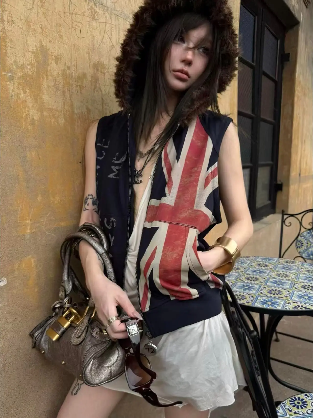 American Retro Rice Flag Fur Collar Hooded Jackets Vest Women's Sleeveless Vest Y2K Hot Girl Couple Cardigan Jacket