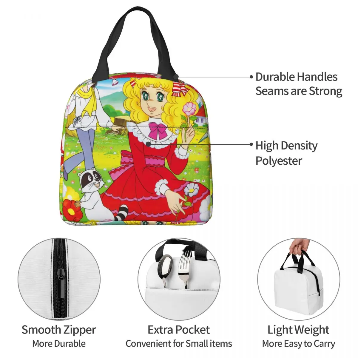 Candy Candy Cartoons Insulated Lunch Bags Thermal Bag Reusable Cute Anime High Capacity Tote Lunch Box Food Bag School Outdoor