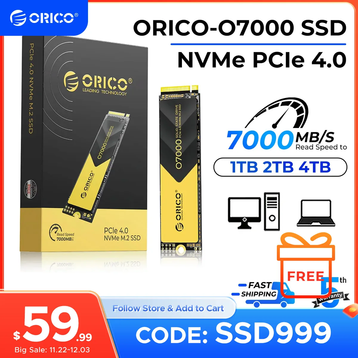 ORICO PCIe4.0 M.2 NVMe SSD PS5 Gaming 7000MB/S Internal Solid State Drive M Key 2280 SSD for Content Creators 1TB/2TB/4TB O7000