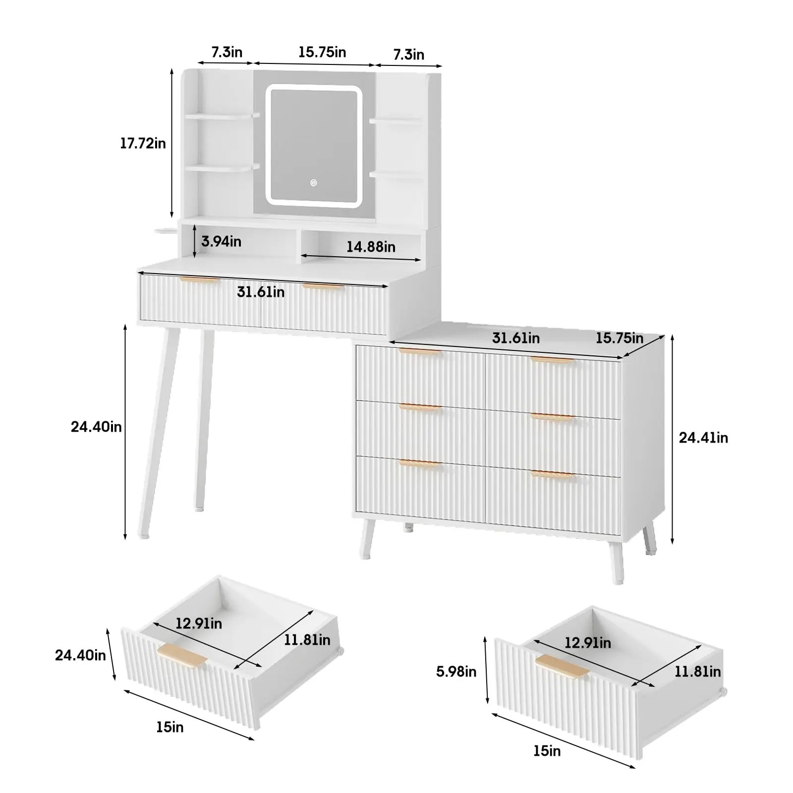 Vabches Vanity Desk with Mirror Lights Makeup Vanity Table with Charging Station Large Storage 8 Drawers Dressing Table Bedroom