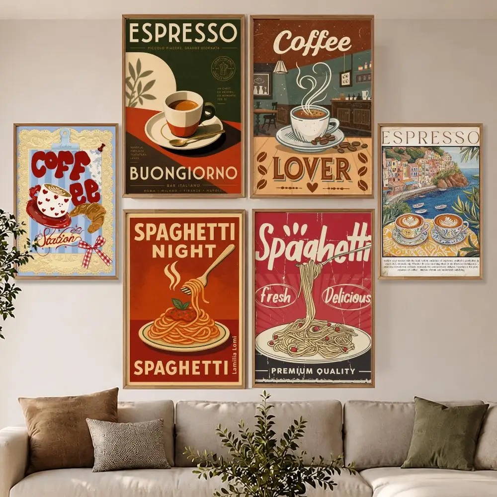 Modern Trendy Retro Vintage Pasta Coffee Poster Modern Aesthetic Wall Art Poster Home Bar Cafe Decor Gift