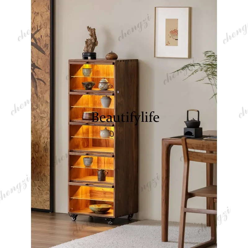 A73 Black Walnut Solid Wood Tea Set Storage Display Cabinet Jewelry Mobile Locker