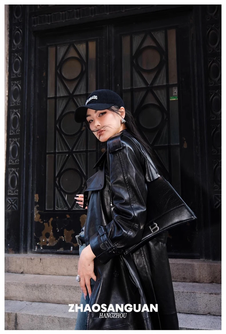 Lautaro Spring Autumn Cool Extra Long Black Loose Pu Leather Trench Coat for Women with Shoulder Pads Belt European Fashion 2024