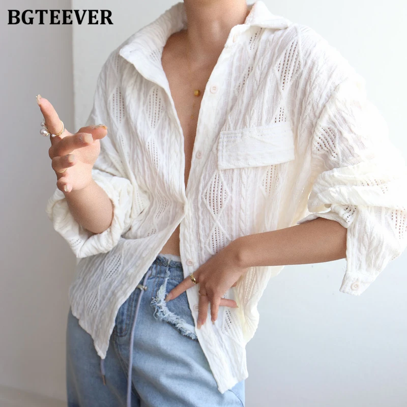 BGTEEVER Spring Summer Fashion Long Sleeve Pocket Women Hollow Out Blouses Tops Casual Lapel Female Single-breasted Shirts