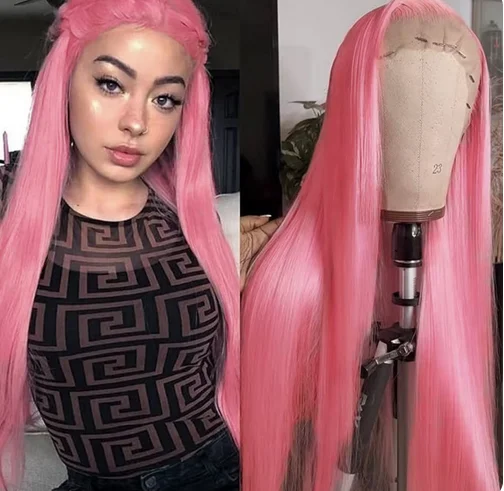 Peluca rosa, peluca con malla Frontal sintética, peluca larga y recta, peluca de encaje rosa intenso, pelucas frontales para mujeres, parte de uso diario de cosplay rosa Pastel