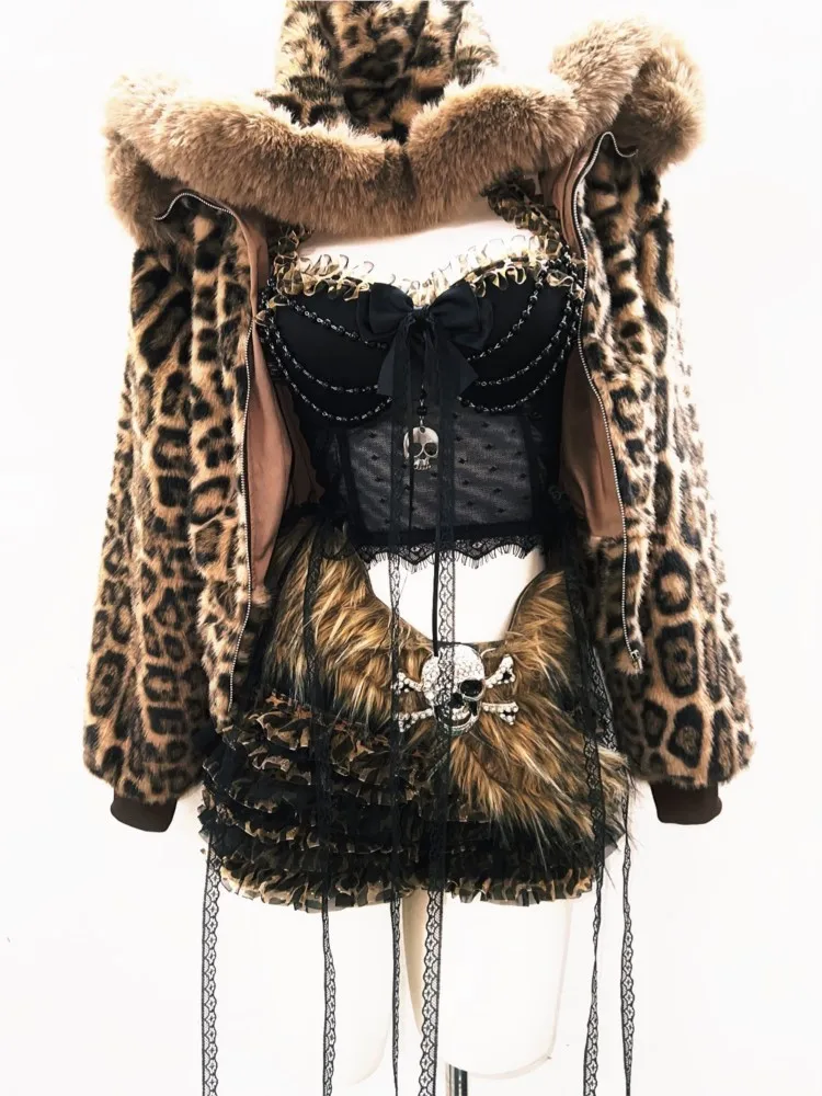 A striped coat with brown fur collar and visual hooded dress