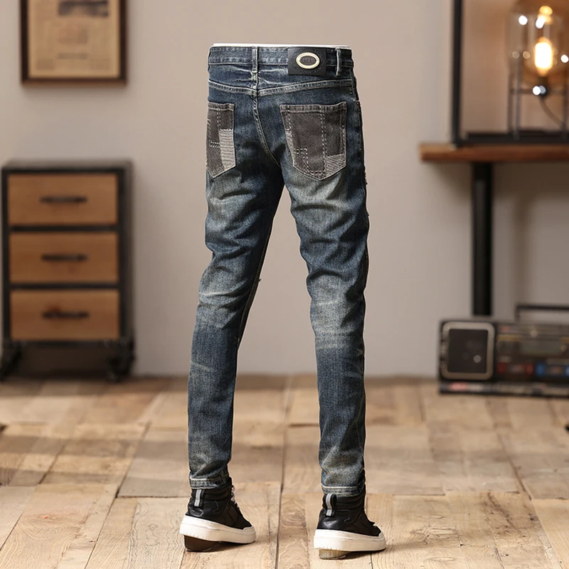 Fashion Streetwear Men Jeans Retro Washed Blue Stretch Skinny Fit Ripped Jeans Men Patched Designer Hip Hop Denim Pencil Pants