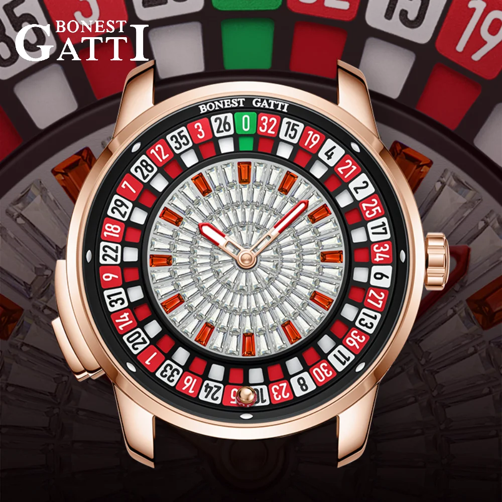 

BONEST GATTI Watches European Button Roulette Fun Game Sapphire Mechanical Watch German Design Diamond Dial Leather Men's Watch