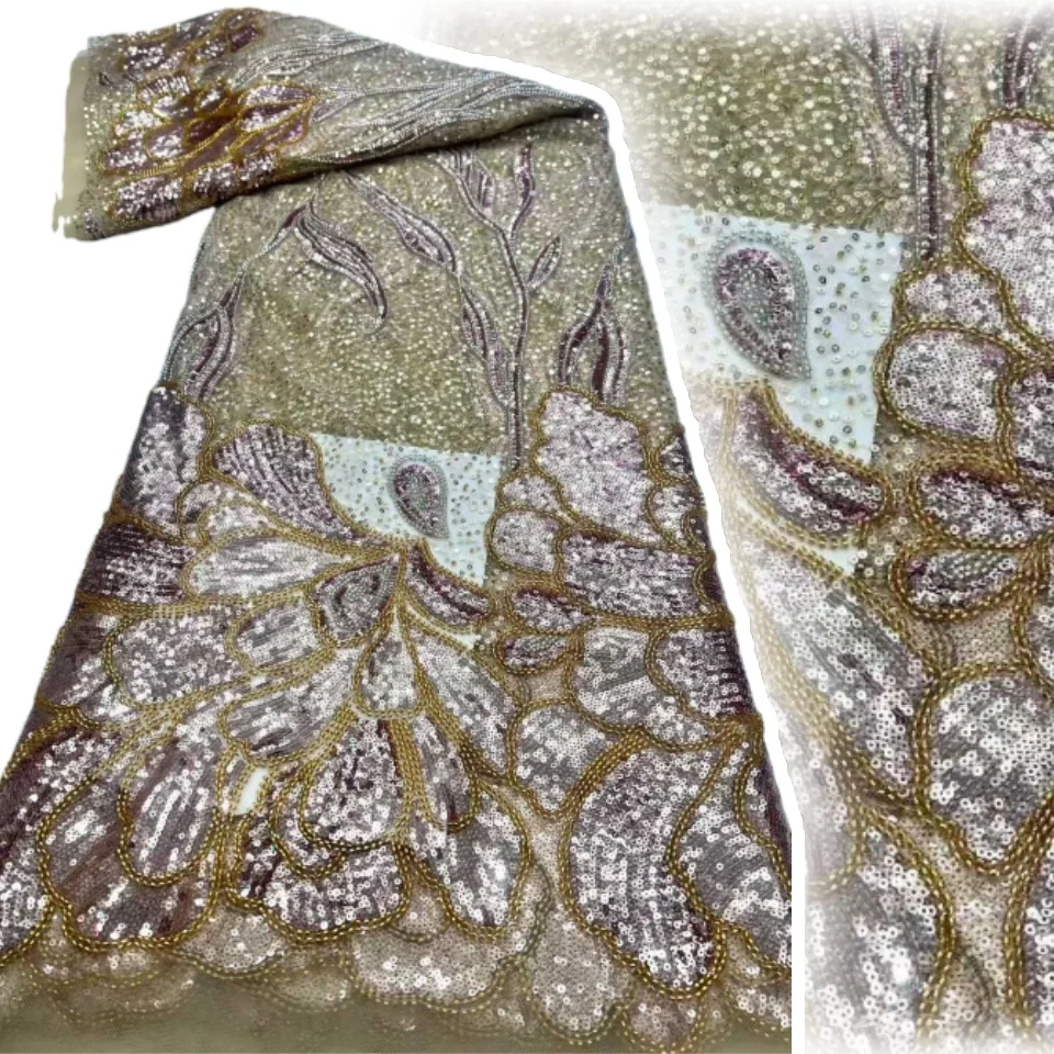 

2026 HIgh Quality French Flocking Lace Fabric With Sequins African Lace Fabric Niegrian Embroidered Tulle Lace for Dress 2140