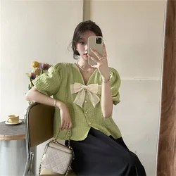 French Bubble Short Sleeve Knitted T-shirt for Women's Summer New Gentle Style Design Versatile Cardigan Short Top Instagram