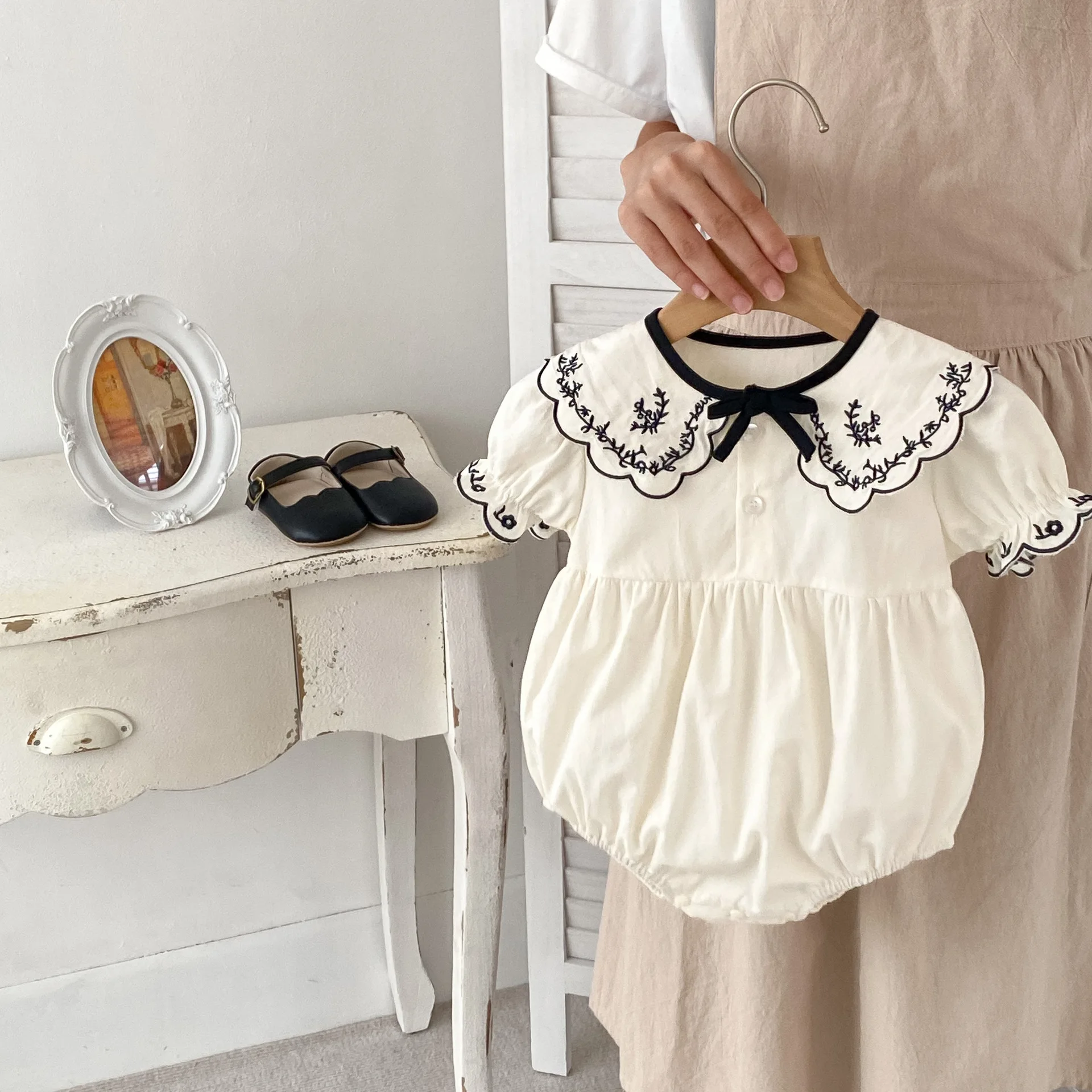 Baby Girl's One Piece Clothes Short Sleeve Climbing Clothes 22041-1 Baby Girl Clothes 2025 Summer New Embroidered Lapel