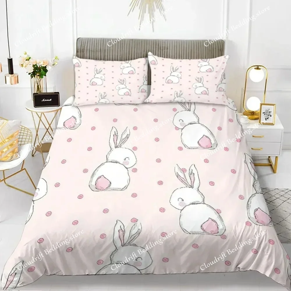 

3D Print Rabbit Duvet Cover Set Cartoon Animals Theme Kawaii Cute Pink King Queen Size for Kid Girls Women Polyester Bedding Set