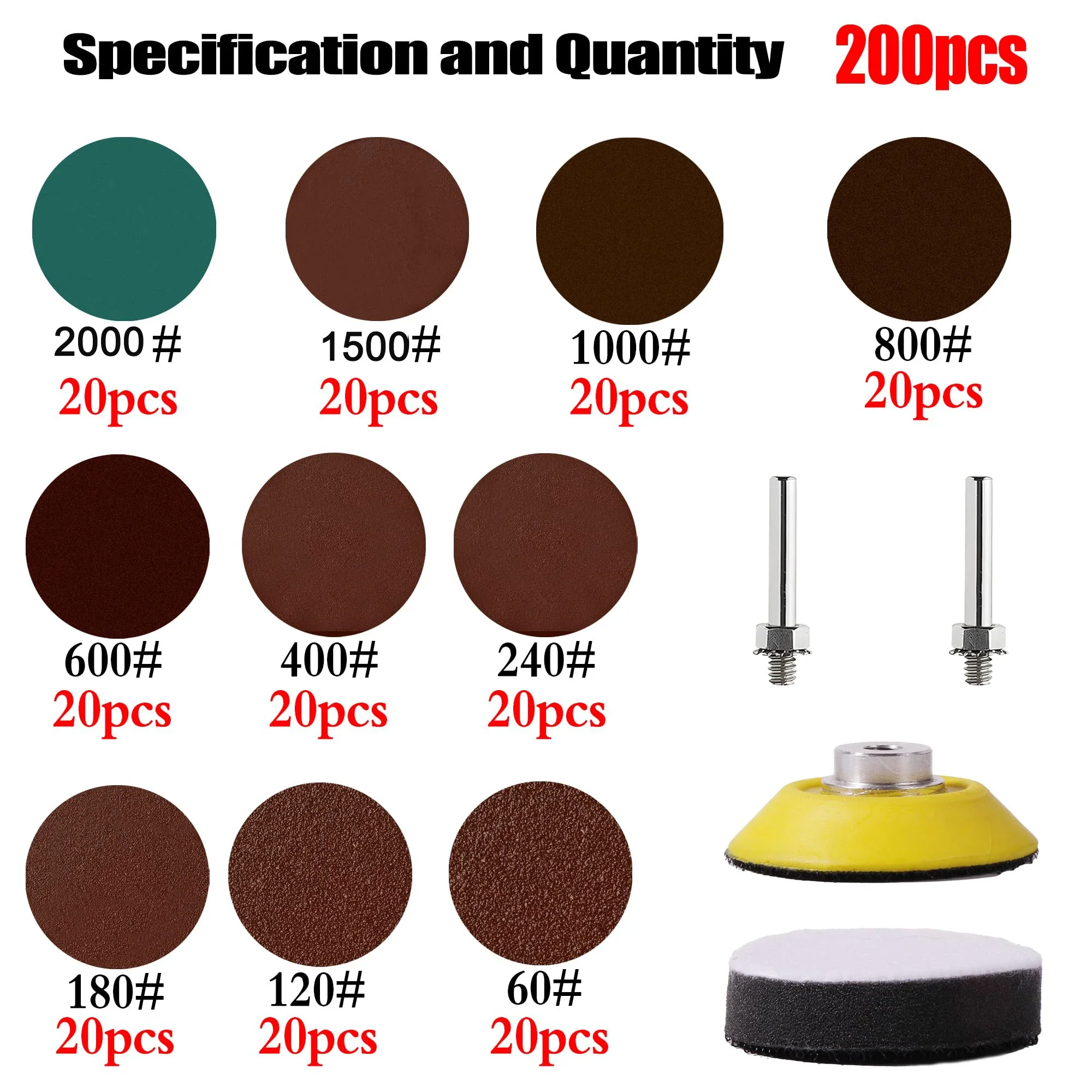 2 Inch Hook and Loop Sandpaper Kit 3-204 Pcs Grits 60 -3000 Drill Bit Sander Attachment Assorted for Die Grinder Rotary Tools