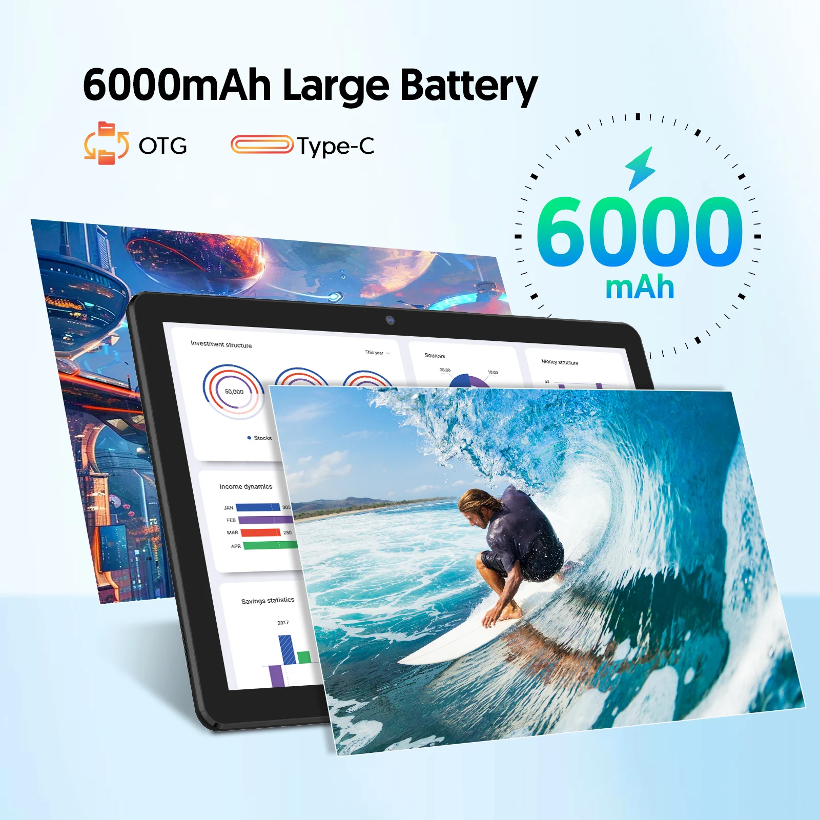 Tablet Android 13 de 10 polegadas, processador quad-core, 7 GB (expansão de memória 3G + 4G) RAM + 64 GB ROM, câmeras duplas, WiFi, Bluetooth