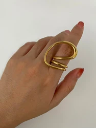 Peri'sbox New Exaggerated Gold Color Distorted Metal Lines Geometric Hollow Rings for Women Trendy Party Minimalist Jewelry Gift