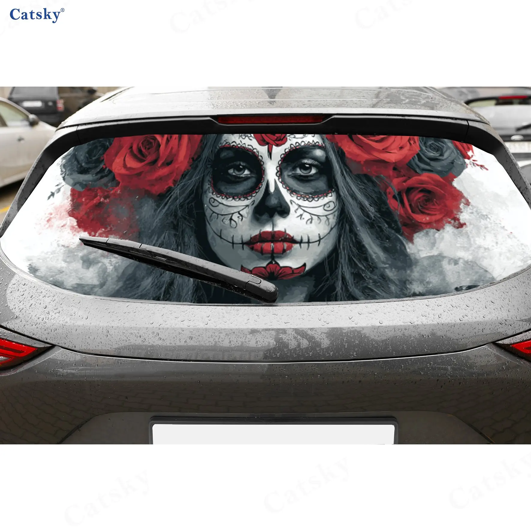 

Sugar Skull Rose Brave Adventure PVC Perforated Car Vinyl Wraps, Durable Car Rear Windshield Sticker, Waterproof Car Rear Window