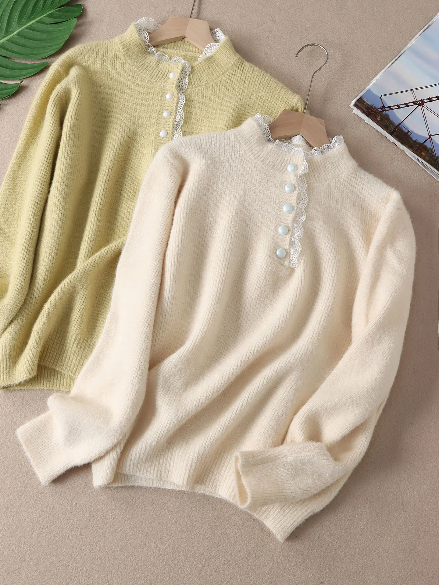 

Теплая кружевная отделка с высоким воротником, свободный женский трикотажный свитер, осень-зима, модный утягивающий топ, прямой вязаный длинный топ...