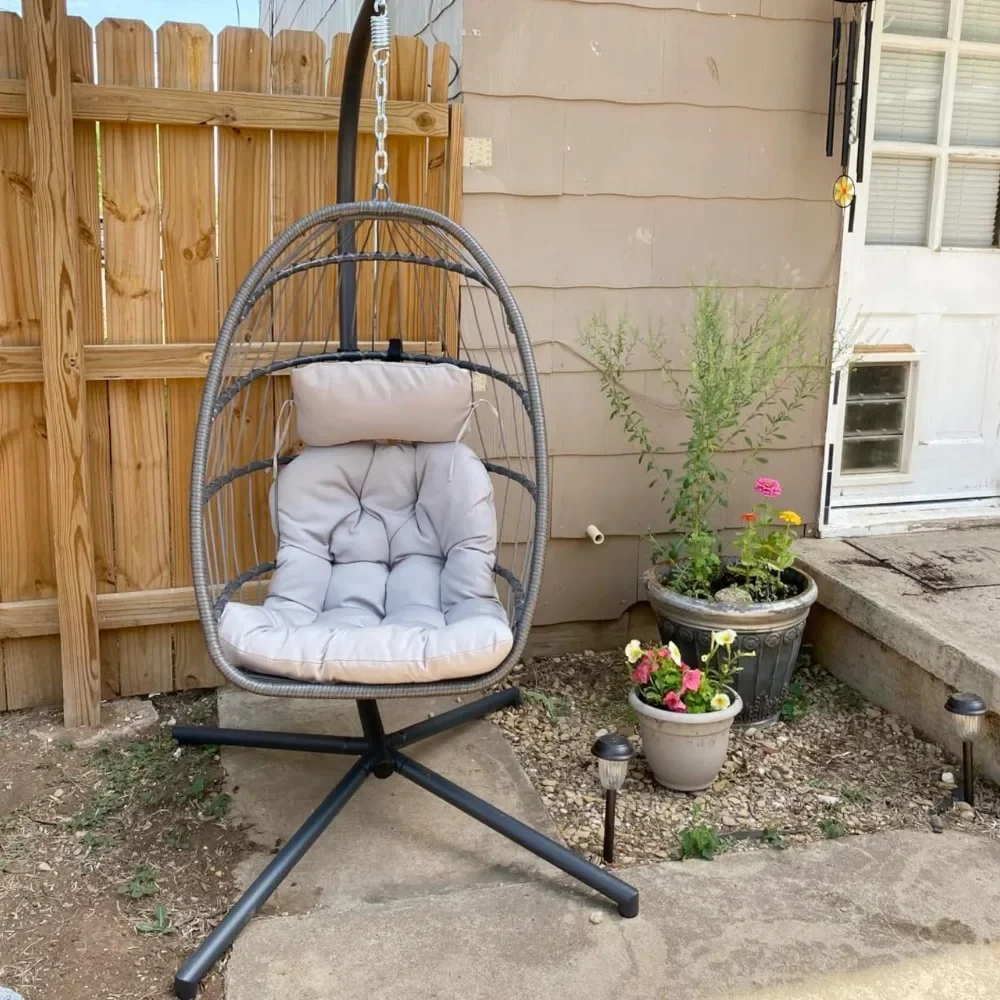 

Rattan Wicker Hanging Egg Chair, wi/Stand&UV Resistant Cushion, 350lbs Capacity, Terrace swings suitable for indoor, outdoor