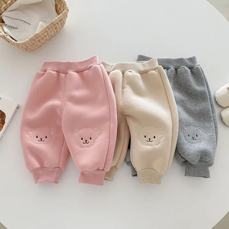 MILANCEL New Winter Kids Sweatpants Girls Cute Fleece Lining Bear Trousers 0-5T Children Thicken Sweet Casual Pants