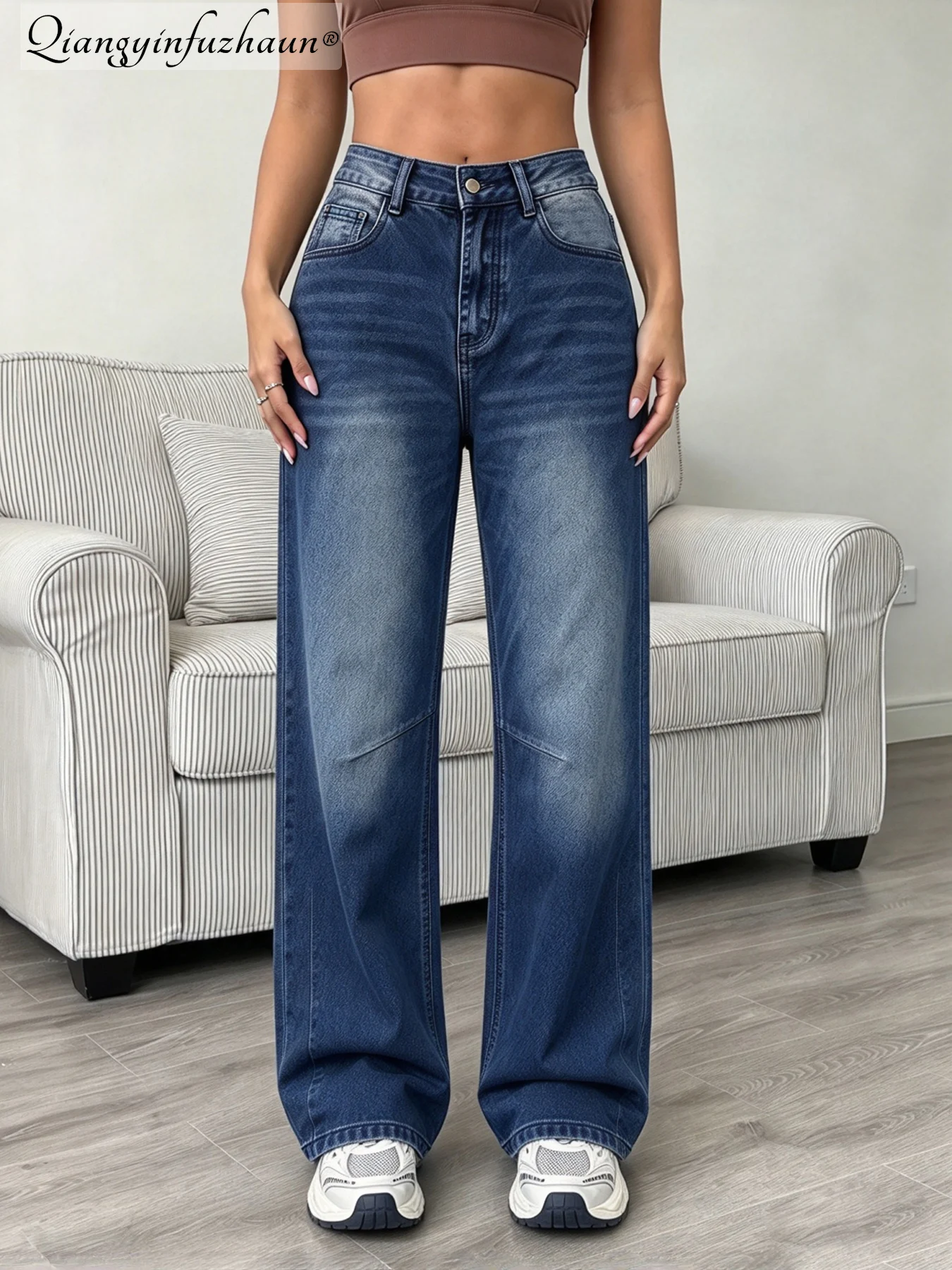 Women's Washed Denim Dark Blue Straight-Leg Pants - Classic and Versatile, Elongating the Legs. Ideal for Casual Wear and Office