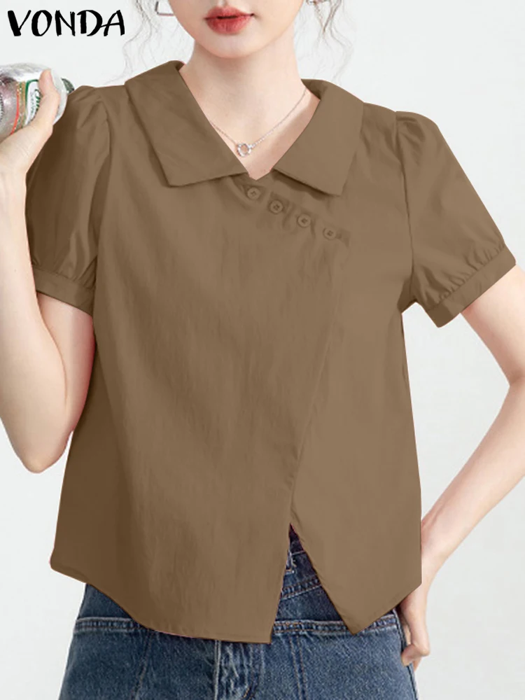 VONDA Summer Shirts 2024 Blouses Lapel Solid Color Women Short Sleeve Casual Loose Tunic Buttos Tops Fashion Blusas Femininas