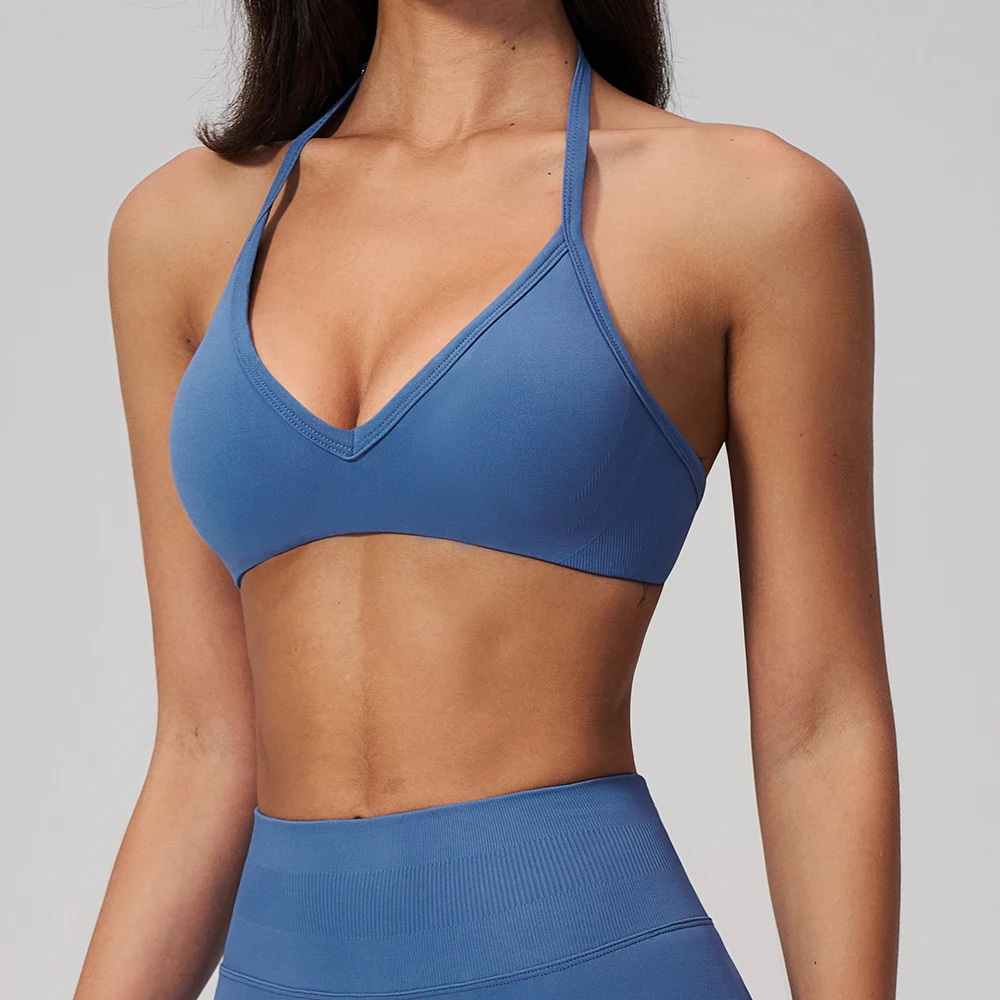 Seamless Sports Bra Gym Women Halter Neck Yoga Bra Halter Neck Brushed Yoga Bra Running Pilates Quick Drying Workout Top Femal