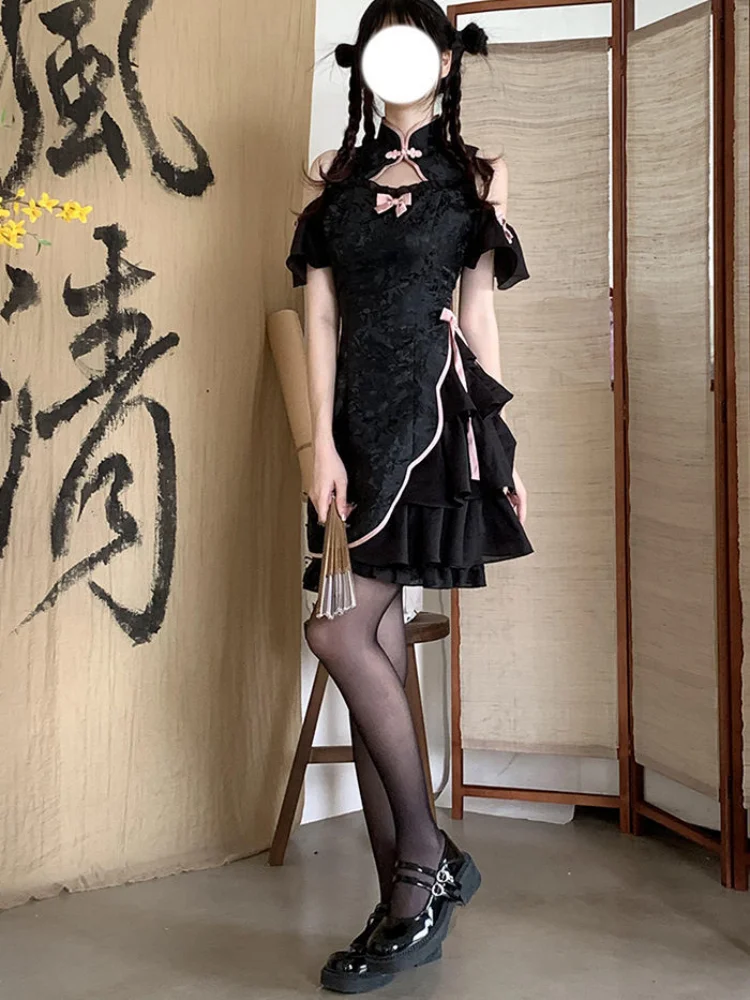 Harajuku Cheongsam Dress Women Off Shoulder Sweet Bow Bandage Gothic Cute Dresses Y2k Sexy Aesthetic Mesh Ruffle Vestido Summer