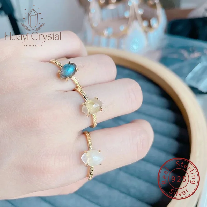 

Ancient Stylegrids925 Plated 14 Gold Crystal Ring Natural labradorite Fog Crystal Fog Line Marquise Rutilated Quartz Ring