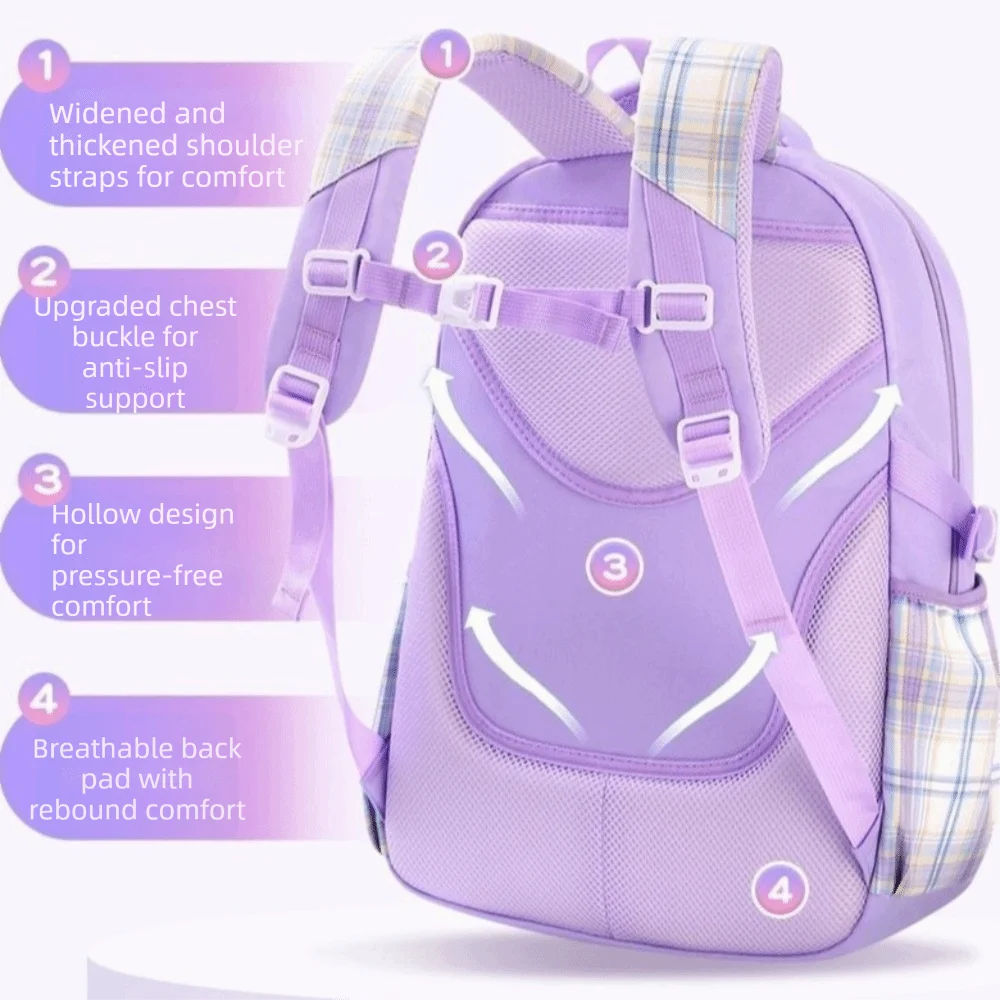Spine Protection Large Capacity School Backpack Plaid Checkered Student Backpack Ergonomic Bow Girls Backpack Schoolbag