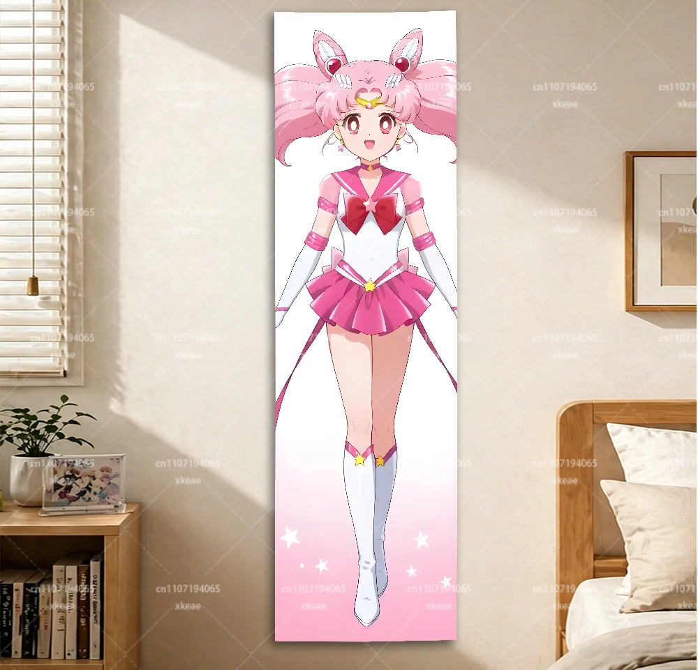 Chibiusa Vertikaler Wandteppich, Sailor Moon, rosa Farbverlauf, Sternenhintergrund, langer Anime-Wandbehang für Schlafzimmerdekoration