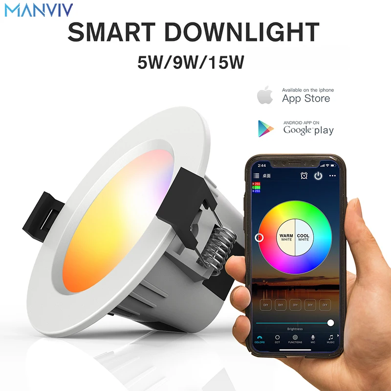 

MANVIV LED Smart Downlight Indoor Light Spotlight 5W 9W 15W RGB Dimmable Downlight Colorful With Alexa Google Home Living Room