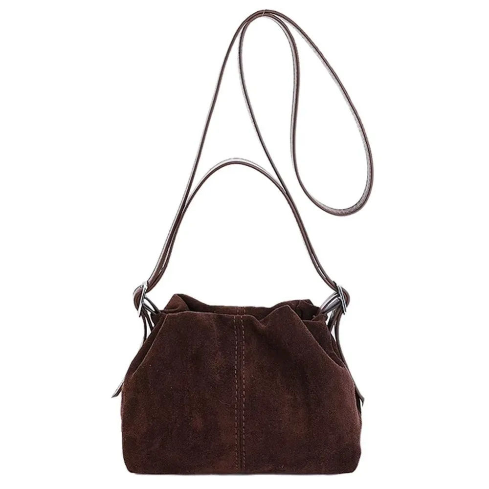

Gift Adjustable Strap Suede Handbag Vintage Zippered Pocket Drawstring Bucket Bag Shoulder Crossbody Bag Preppy