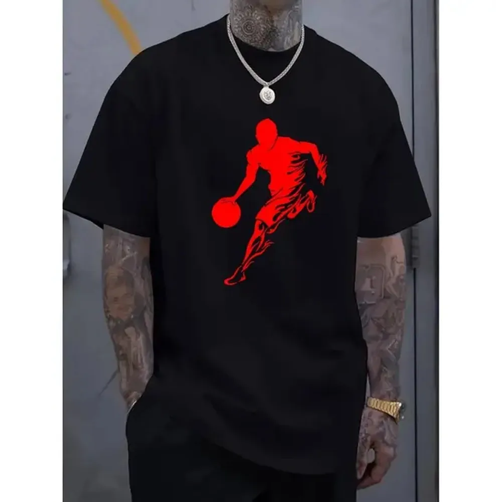100% Cotton Golf Gift T-Shirt For Men and Women Men's Basketball Silhouette Printed T-Shirt, 100% Cotton Casual Crew Neck Long Sleeve T-Shirt, Slightly Elastic, Four Seasons Comfortable Fit Knitted Fabric Top, PLUS SIZE