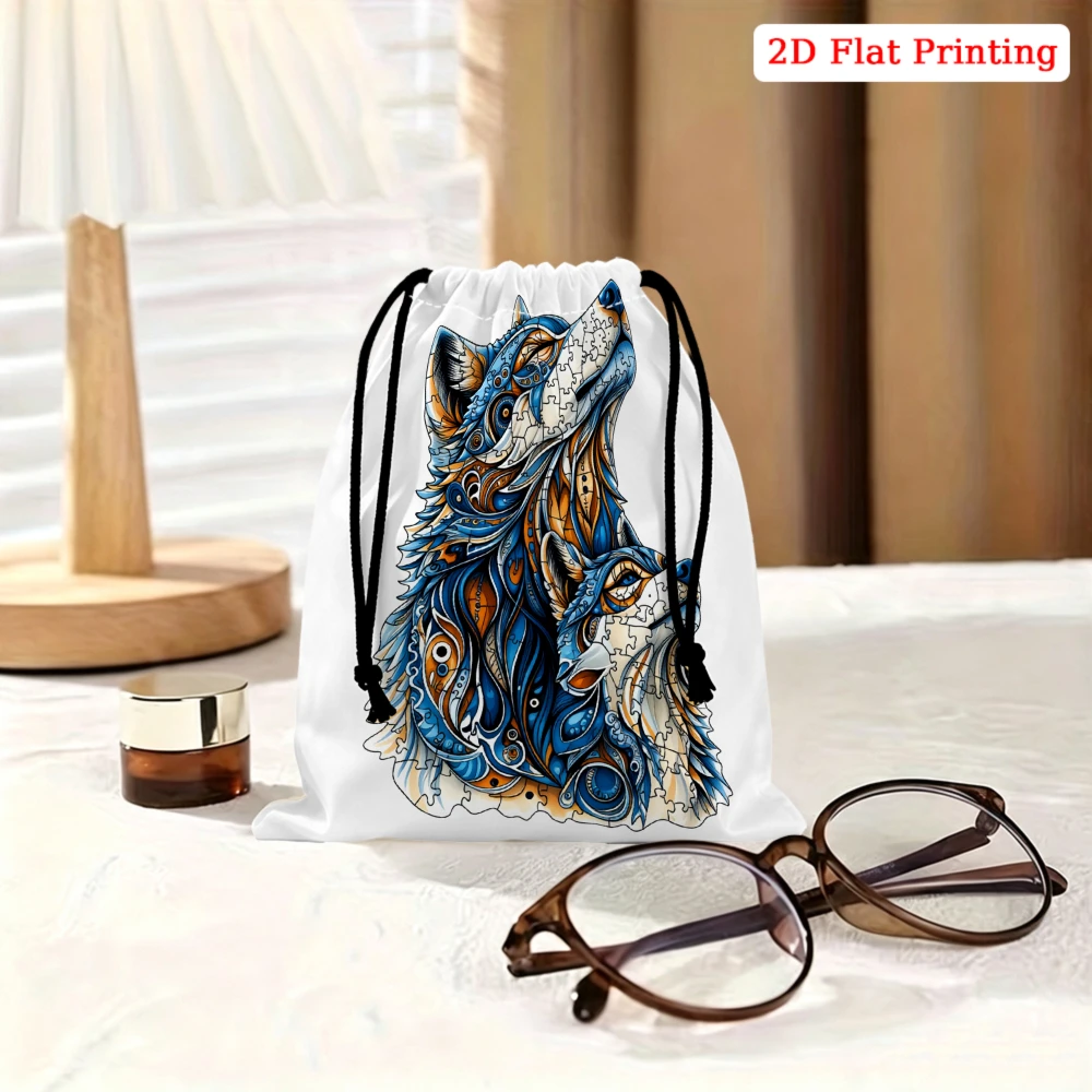 1Pc Artistic Wolf Print Drawstring Bag White Blue Orange Pattern Storage Small Pouch For Travel Cosmetics Jewelry Organization U