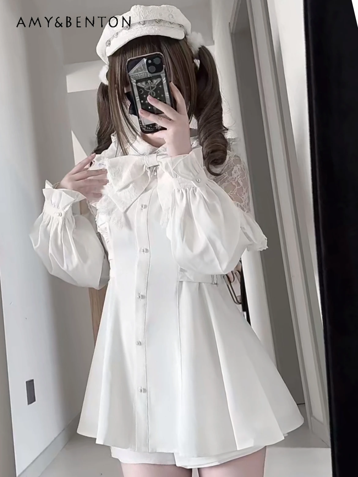 

Mine Series Flutter Sleeve Dress Sets Japanese Cute Mass-Produced Patchwork Lace Off-Shoulder Long Sleeve Slimming Short Dress