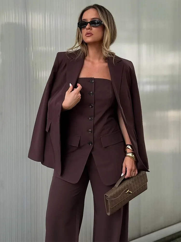 Chic Women Strapless Single Breasted Pocket Vest Coat Pants Suit Elegant Lapel Solid Blazer Trousers Set Commute Street Outfit