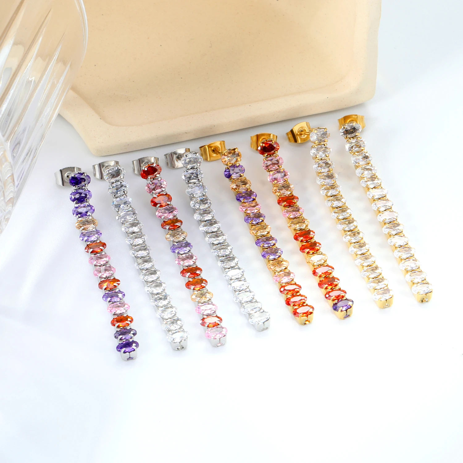 LUXUKISSKIDS Luxury Dazzling Cubic Zirconia Dangle Earrings Stainless Steel Long Drops Tennis Tassel aretes Woman Party Jewelry