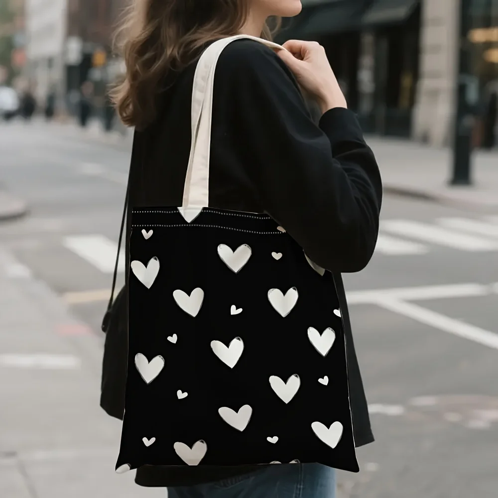 1pc Black Background Hand-drawn White Heart Printed Tote Bag,Reusable Shopping Bag,Suitable for Daily Use,Shopping,School,Travel