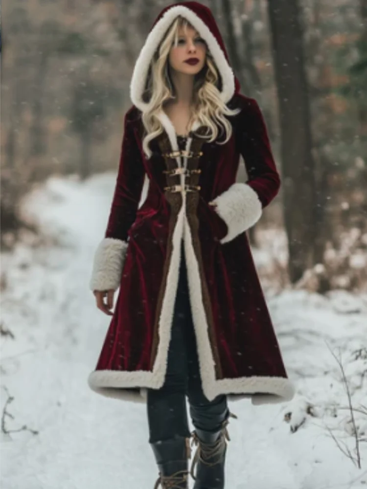 

Vintage Women Medieval Long Coat Autumn Winter Velvet Maxi Dress 19th Century Retro Pocket Hooded Trench Coat Long Outerwear