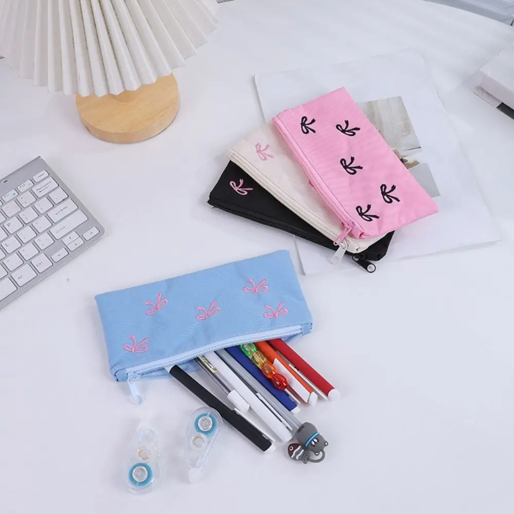 New Canvas Cute Embroidered Bag Lovely Print Bowknot Cosmetics Bag Square Shape Storage Bag