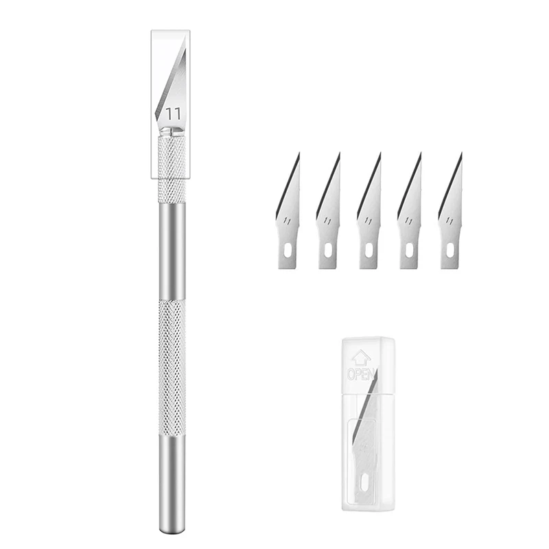 

Aluminum Alloy Wood Cutter Knifes Carve Non-slip Cutter Carving Engraving Craft Knives with 5pcs #11 Blades for PCB Mobile Phone